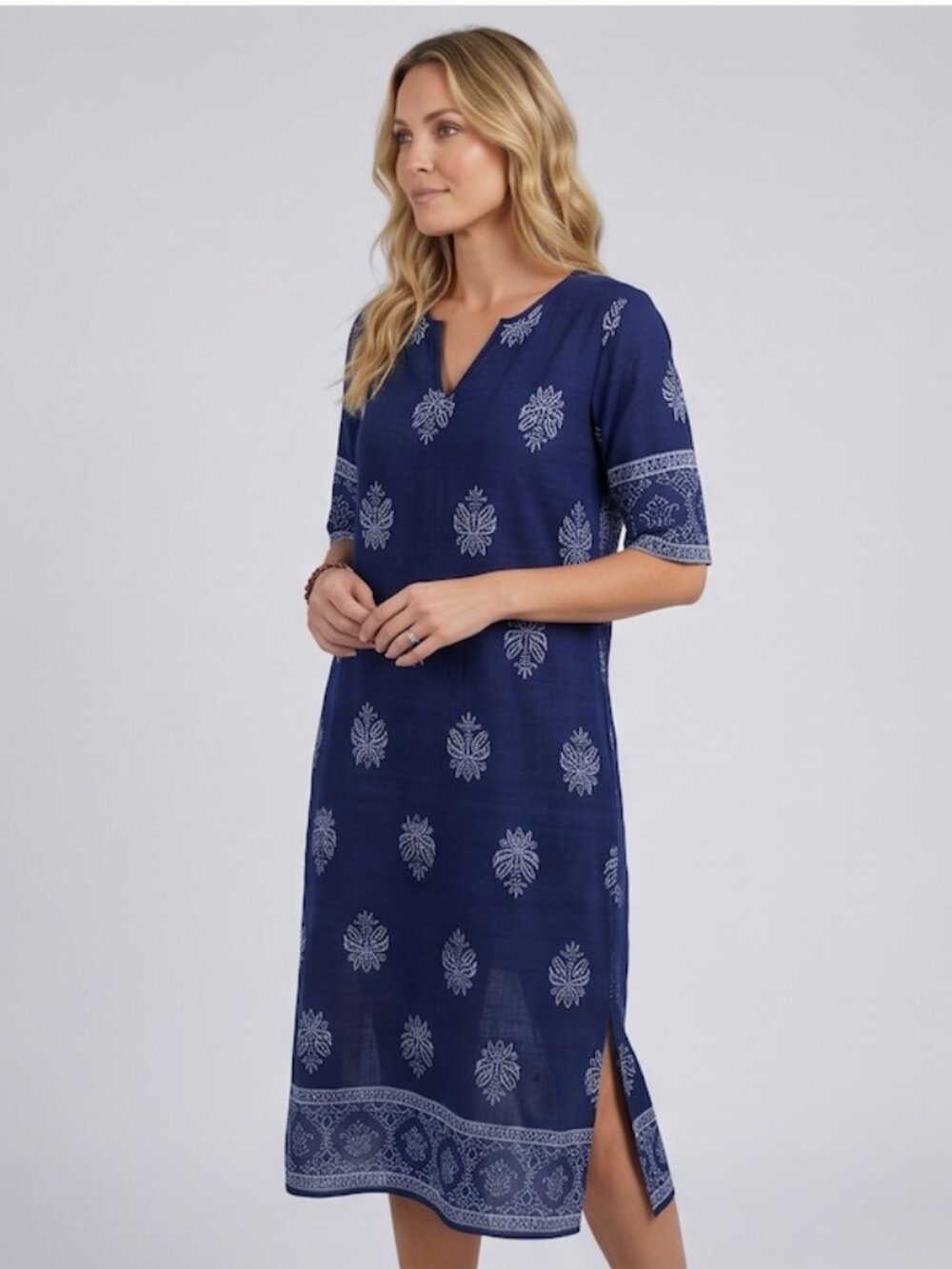 Boho Viscose Midi V- Neck Dress Blue